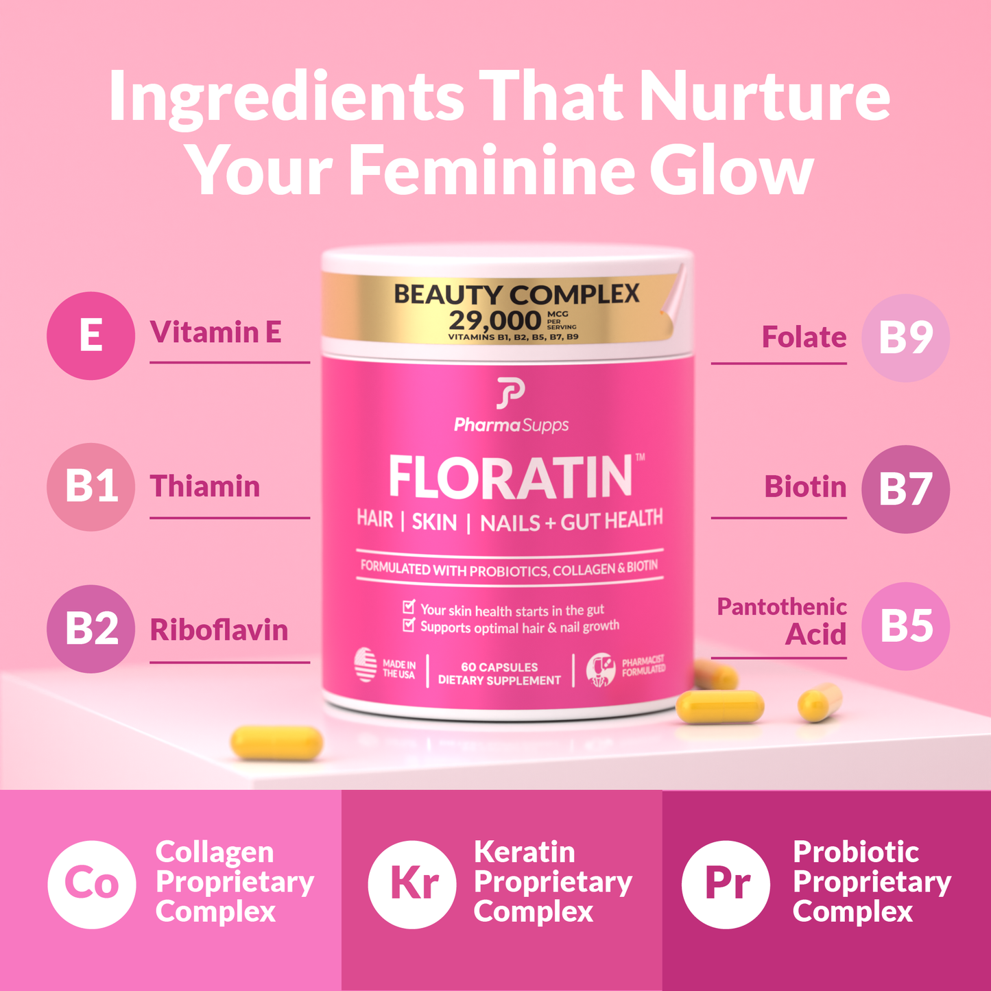 Floratin is pharmacist-formulated, combining a proprietary blend of vitamins, keratin, collagen, and powerful probiotics that target gut health for transformative beauty.