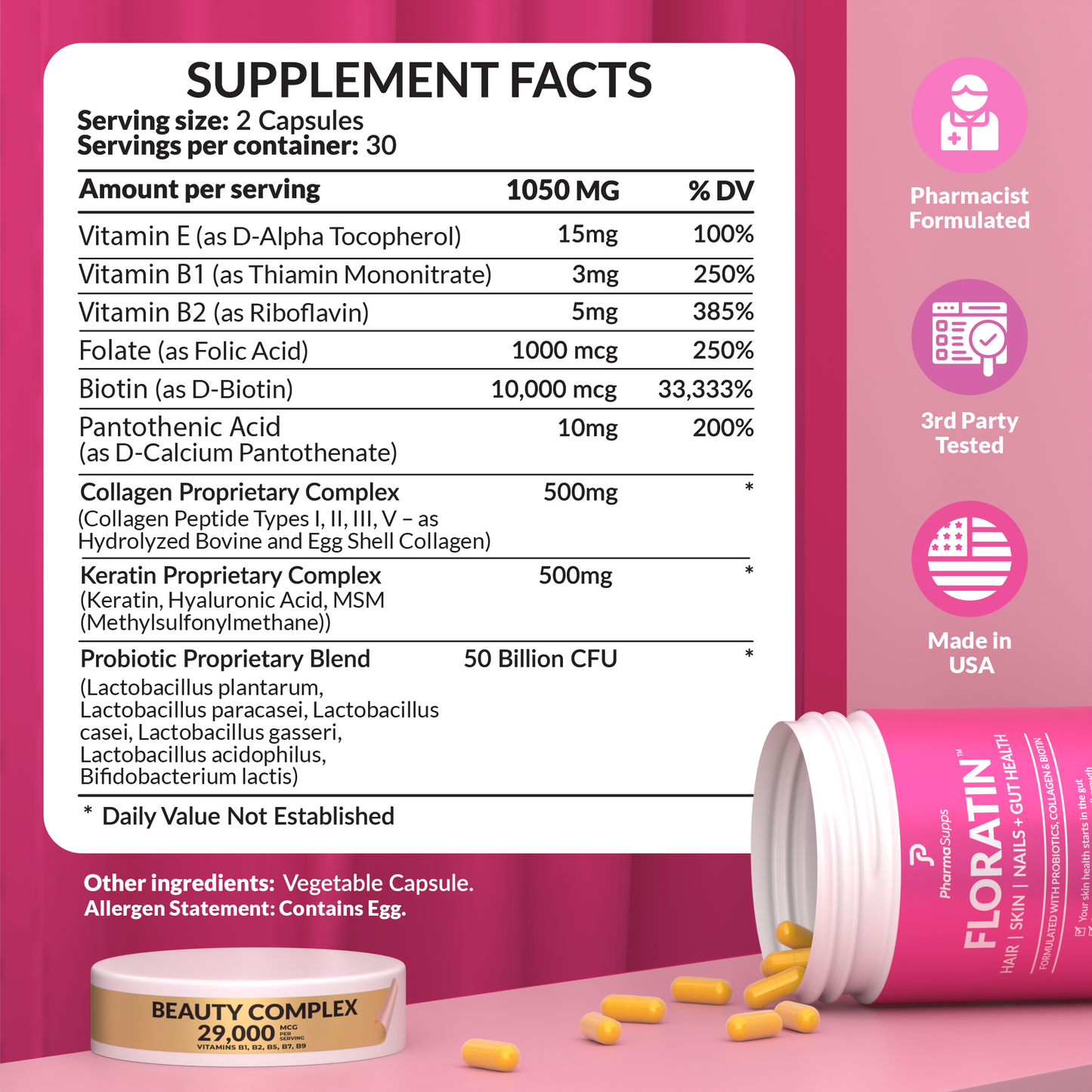 Floratin is pharmacist-formulated, combining a proprietary blend of vitamins, keratin, collagen, and powerful probiotics that target gut health for transformative beauty.