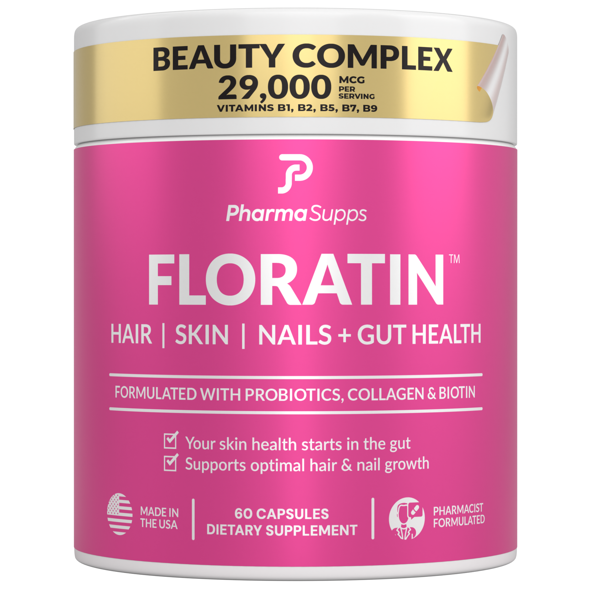 Floratin is pharmacist-formulated, combining a proprietary blend of vitamins, keratin, collagen, and powerful probiotics that target gut health for transformative beauty.